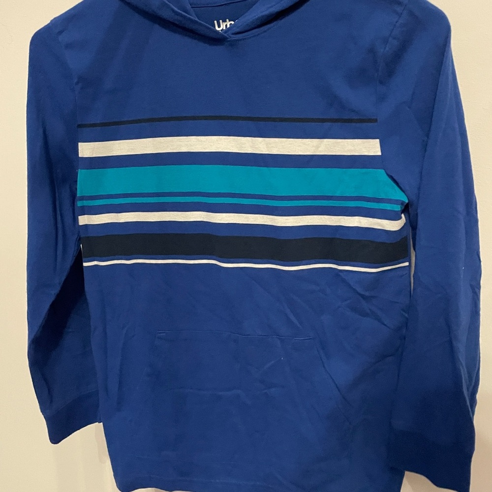 Urban Pipeline blue, long sleeve shirt, with a hood.